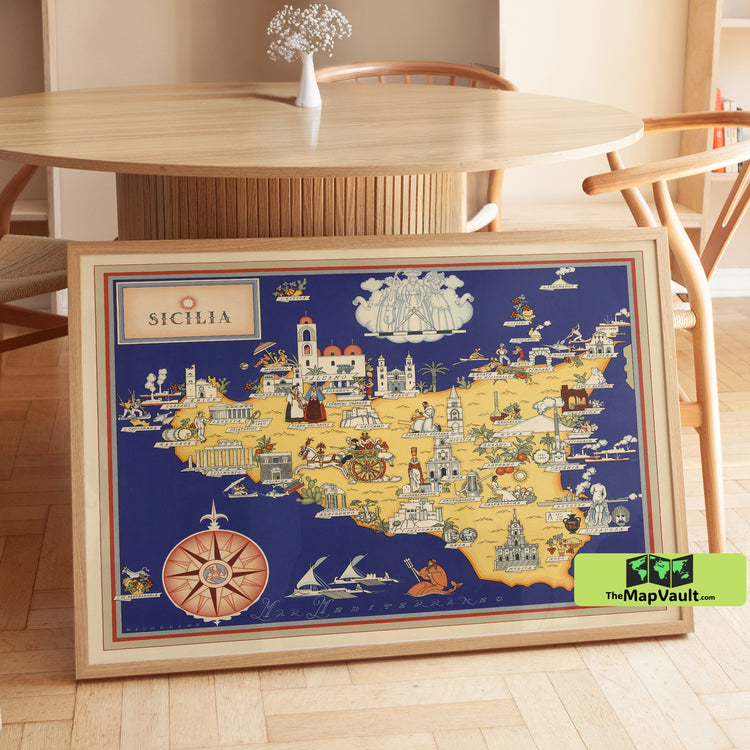 Sicily Illustrated Map Vintage Italian Travel Wall Art