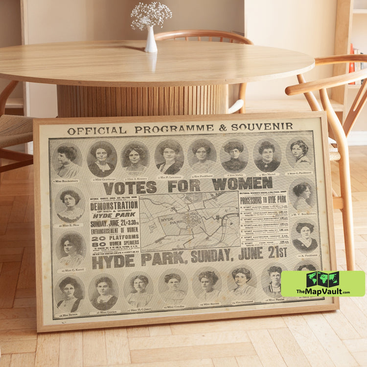 Suffragette March Map Print - Votes for Women Rally in Hyde Park - 1908 Historic Feminist Protest Poster with Key...