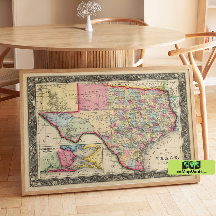 Texas - Antique Map - Vintage Lone Star State County Map Print