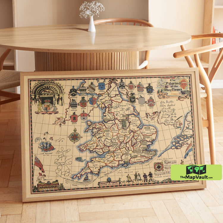 Pilgrims of the Mayflower Vintage Map of England & Holland - Historical Wall Art