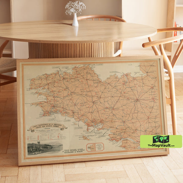 Vintage Tourist Map of Brittany, France – Historical Travel Guide & Road Map – Antique France Cartography Print