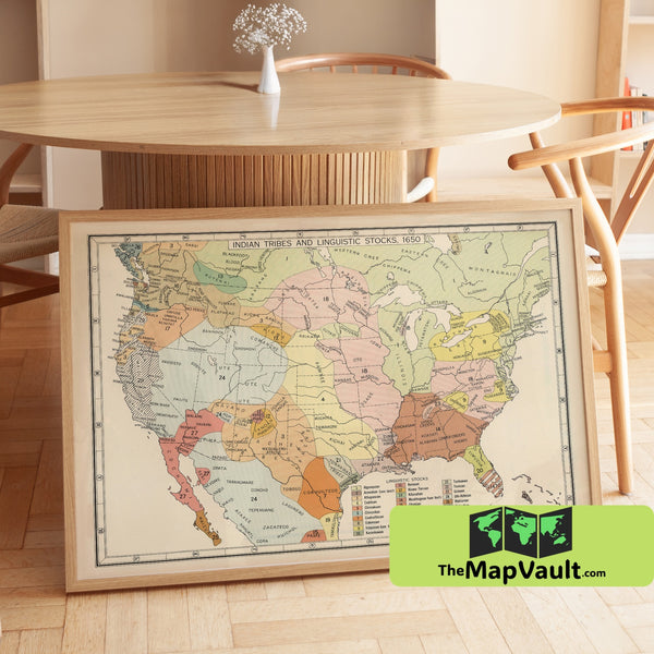 Native American Tribes & Linguistic Map Print - 1650 Indigenous Nations of the United States