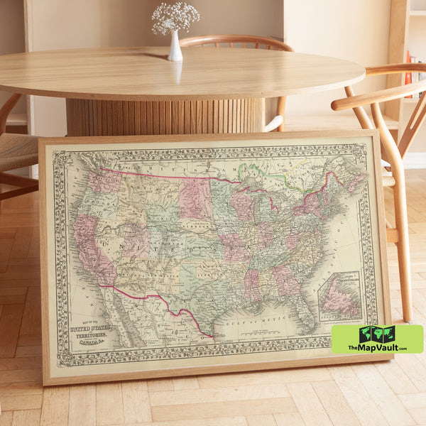 Antique Map of the United States - Historical U.S. Territories Map - Vintage Cartographic Print
