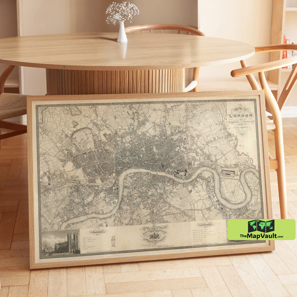 Vintage 1830 Map of London - Detailed Victorian Cartography - Comprehensive City Plan of London, England, with Landmarks and Streets