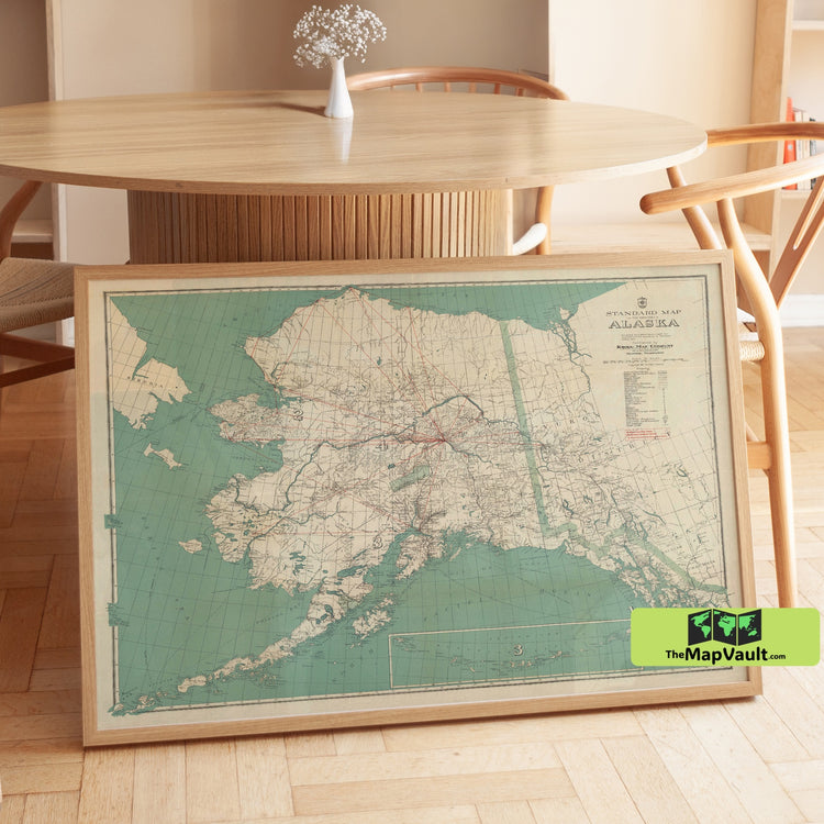 Alaska - Vintage Map - Large Tourist and Travel Map of Alaska - Historical Cartography Print of Alaska with Travel Routes...