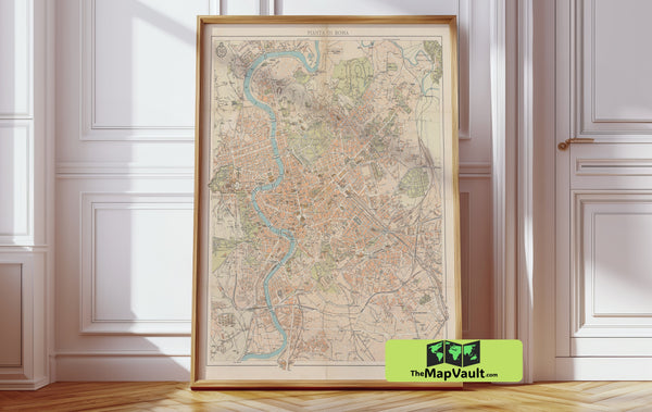 Rome Italy Map Print - 1930 Vintage City Layout with Landmarks and Historic Streets