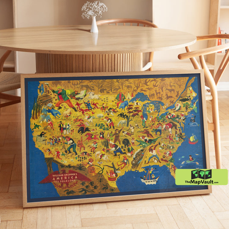 United States Folklore Map c1940 Vintage Print - Celebrate Myths and Legends Across America