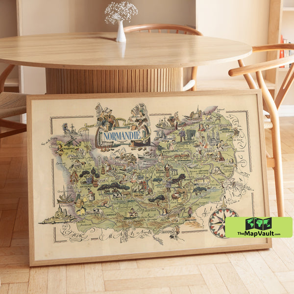 Vintage Normandy Illustrated Map Poster - French Regional Wall Art Print