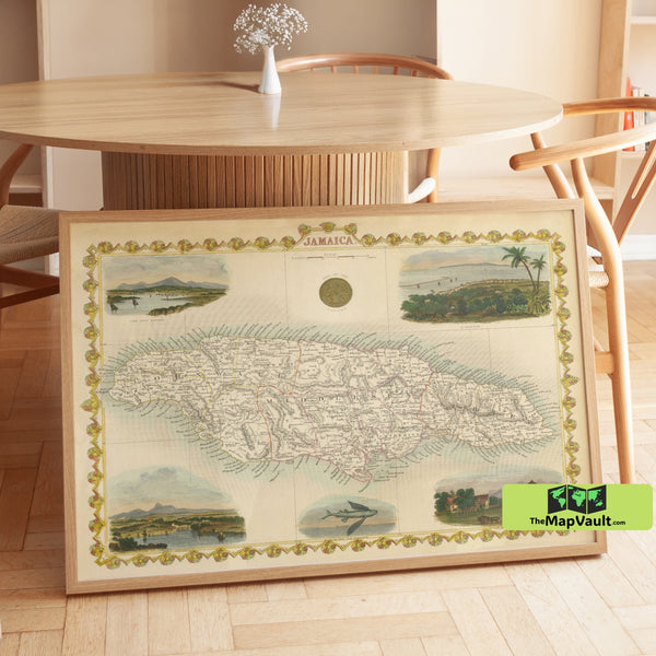 Jamaica Vintage Map Print - Henry Teesdale - 1851 Decorative Caribbean Island Map with Historic Landmarks & Ornate Border Design