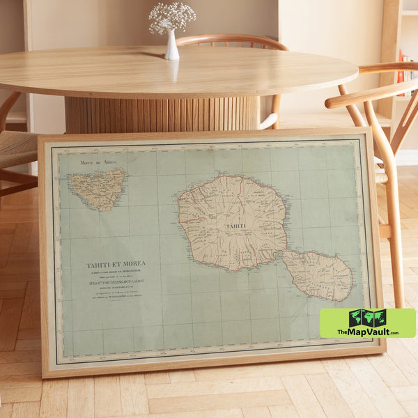 Antique Tahiti & Moorea Map – Vintage French Polynesia Cartography Print – Historic Island Wall Art