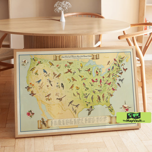 United States Bird and Flower Map Poster – Colorful Botanical Print for Nature Enthusiasts