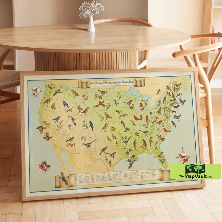 United States Bird and Flower Map Poster - Colorful Botanical Print for Nature Enthusiasts
