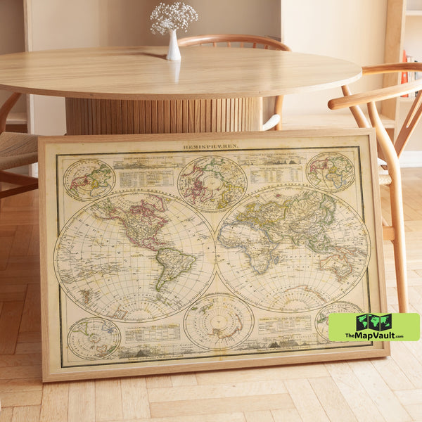 World Map - Antique Hemispheric Projection with Historic Detailing