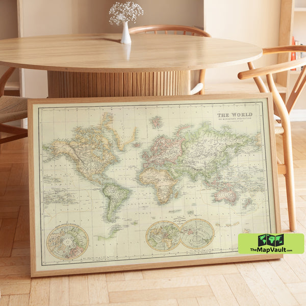 Antique World Map – Mercator Projection – Historical Map Print