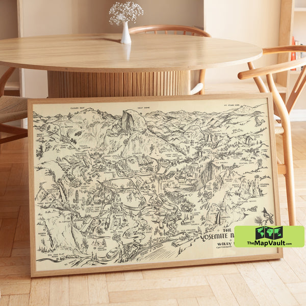 Yosemite National Park 1946 Poster – Whimsical Willy Nilly Map Print for Scenic Wilderness Fans