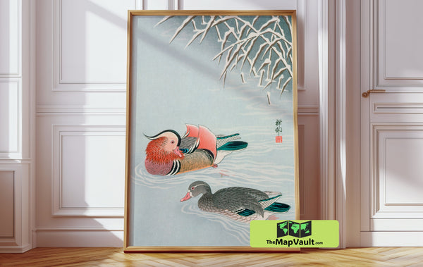 Mandarin Ducks in Winter - Japanese Woodblock Print - Vintage Natural History Art